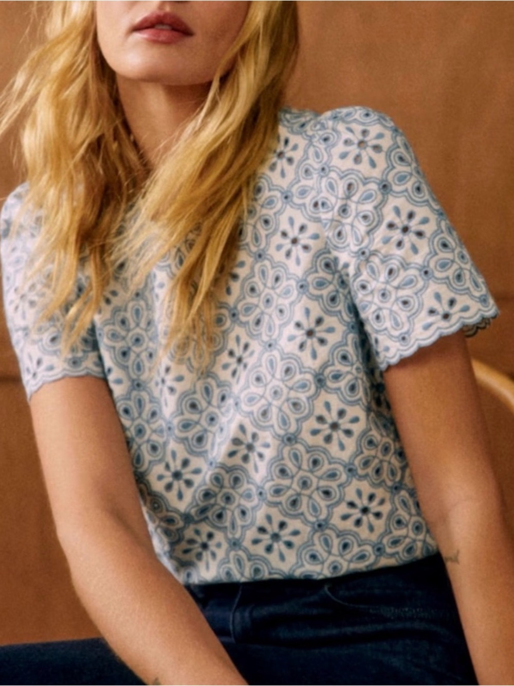 Sézane Annabelle Blouse White and Light Blue Floral Eyelet Tee size 34
